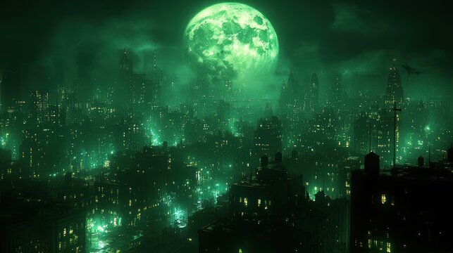 Gotham City night, glowing green, eerie moon, city skyline