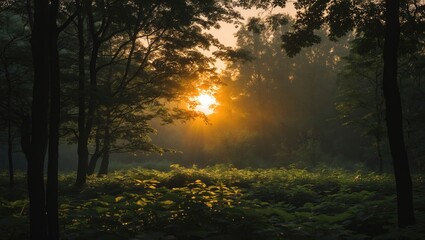 Fototapeta premium Sunrise illuminating a misty forest setting with trees and lush green foliage in a tranquil natural environment