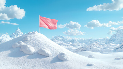 Snowy mountain landscape with a bright pink flag flying atop a white snowcovered hill against a blue sky