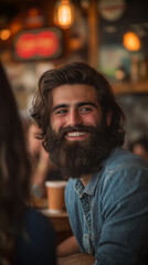 Bearded man smiles warmly in a dimly lit indoor setting, wearing denim jacket, creating an inviting and friendly atmosphere.