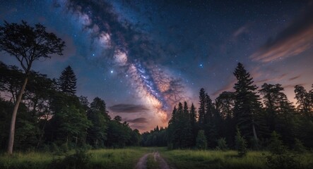 Milky Way galaxy over forest landscape during twilight with trees and clear night sky filled with stars and clouds.