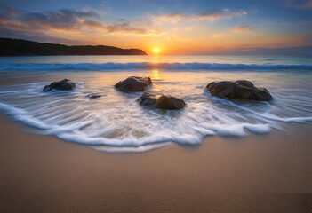 Rocks, sea, sky, mountains, sun, sand, blue, yellow