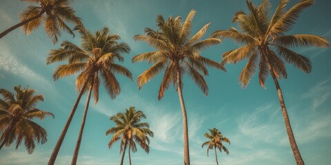Tropical palm trees against a blue sky with wispy clouds in a coastal setting in warm light during the day