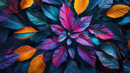 Colorful tropical leaves background with vibrant pink, blue, and orange hues arranged in a flat lay composition