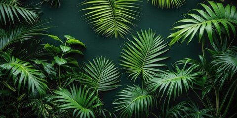 Lush green tropical leaves background with varied shapes and sizes against a dark backdrop for natural textures and patterns.