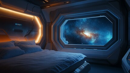 Futuristic Bedroom Cabin In Space, Galaxy View From Window. Concept For Interstellar Travel, Sleep, Dreams.