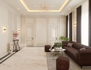 Modern cozy living room and white pattern wall texture background interior design.3D rendering