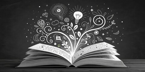 Open Book with Chalk Doodle Ideas, Black and White Image, Creativity Concept, Book Illustration, Imagination Book, Creativity
