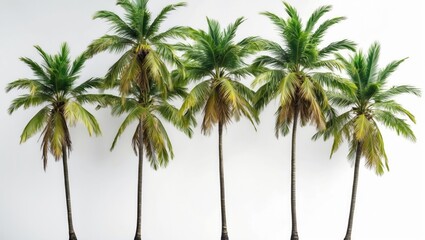 Group of five tropical palm trees with green and brown leaves isolated on white background