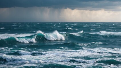 Naklejka premium Ocean waves under dramatic cloudy sky with visible rain in the distance