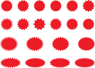 Starburst red sticker set - collection of special offer sale oval and round shaped sunburst labels and badges. Promo stickers with star edges. Vector.