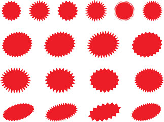 Starburst red sticker set - collection of special offer sale oval and round shaped sunburst labels and badges. Promo stickers with star edges. Vector.