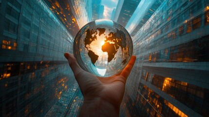 Naklejka na ściany i meble Hand holding globe, city view, urban, hopeful