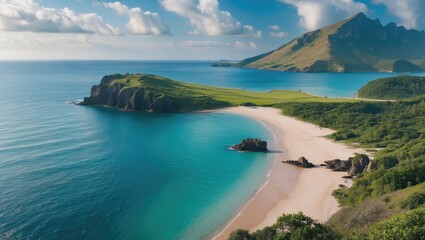 Scenic view of tranquil beach with turquoise waters, green hills, and distant mountains under cloudy sky in daylight