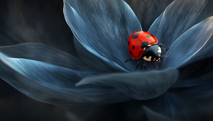 Ladybug sits atop of a dark blue flower petals