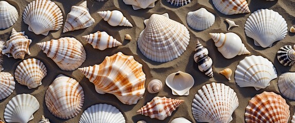 Diverse assortment of various seashells scattered on sandy beach surface in natural light