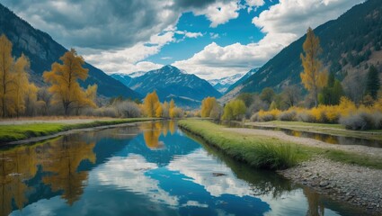 Scenic autumn landscape with river reflections mountains trees and cloudy sky in a natural environment during daytime