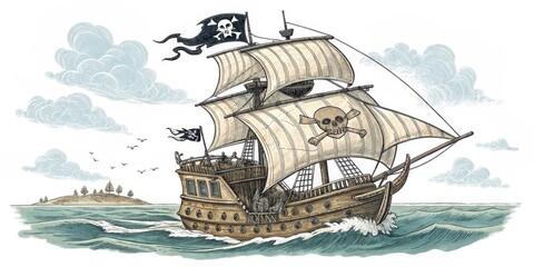 Pirate Galleon Sailing Pen and Ink Illustration, Skull and Crossbones, Ocean Voyage, Pirate Ship Pirate, Galleon