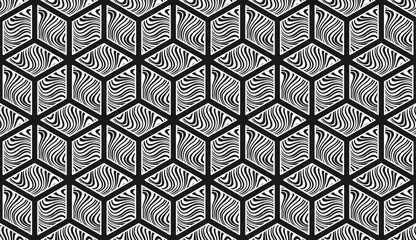 Background of rhombic hexagons with striped wavy texture. Black and white endless texture with abstract geometric ornament. Vector seamless pattern for wrapping paper, giftwrap, surface texture, print