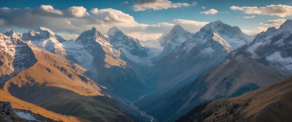 Obraz premium Mountain landscape with snow-capped peaks and a valley under a blue sky with clouds at sunset in a natural environment.