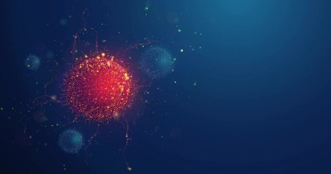 Animated Red Cancer Cell Among Blue Cells Made of Neon Glowing Particles on Side. Oncology disease diagnostic and Cells microbiology close-up analysis abstract looped animation on blue background