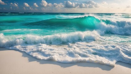 Fototapeta premium Ocean waves crashing on sandy beach with turquoise water and fluffy clouds in blue sky during sunny day