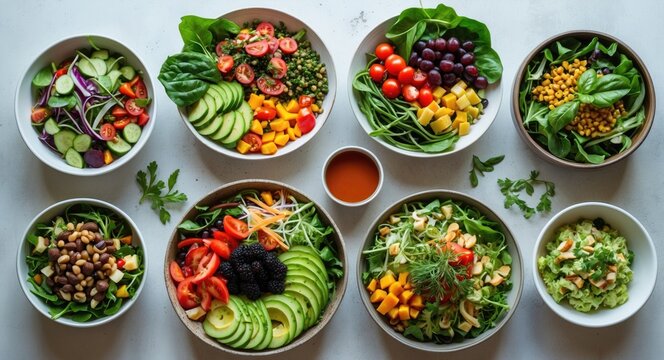 Assorted fresh salads in bowls arranged on a table featuring a variety of vegetables and fruits with a small bowl of dressing.