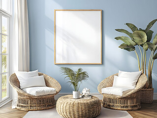 Cozy living room with empty vertical frame for wall art mockup, wicker chairs and tropical decor creating a relaxed atmosphere for leisure and socializing