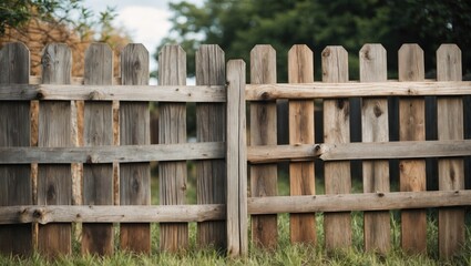 Fototapeta premium Wooden fence panels with varying shades of gray and brown, close-up view of rustic garden boundary under natural lighting.