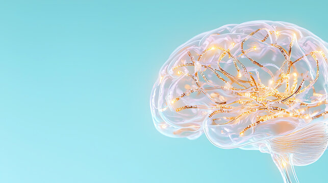Intricate visualization of a human brain with neural connections glowing against a soft teal background