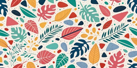 Naklejka premium Seamless Tropical Leaf Pattern Vibrant Colorful Illustration, Abstract Composition, Beige Background, Design Tropical leaves, pattern design