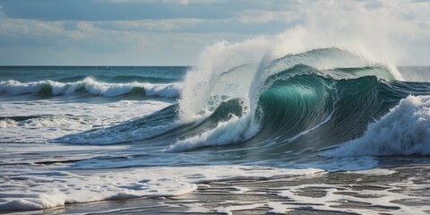 Ocean wave crashing on shore with foamy water and cloudy sky during daytime natural seascape background