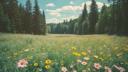 Fototapeta premium Natural landscape with vibrant wildflowers in a meadow under blue sky with scattered clouds and surrounding dense green forest.