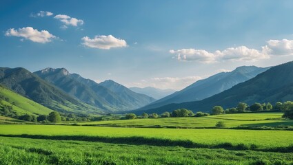 Naklejka premium Expansive green landscape with rolling hills and mountains under a clear blue sky in a rural setting during daytime.