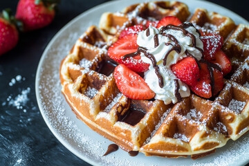 Delicious Belgian Waffles with Strawberries, Whipped Cream, and Chocolate Drizzle