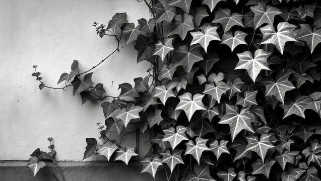 Black and white close-up of ivy leaves climbing a textured wall with contrasting light and shadow patterns