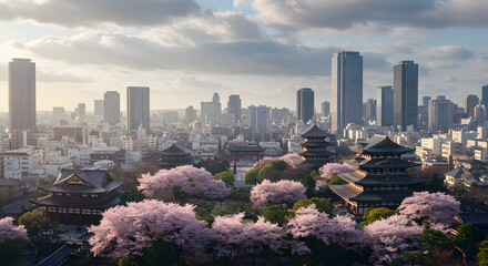 Obraz premium Osaka skyline with traditional temples and cherry blossoms in spring