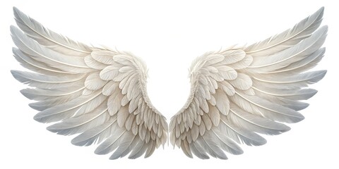 Fototapeta premium Symmetrical White Angel Wings Detailed Feather Texture, Spiritual Concept, High-Resolution Image Angel wings, white wings, feather texture, spiritual imagery