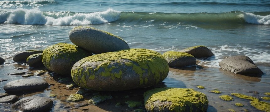 Moss-covered stones on a sandy beach with gentle waves and a clear blue sea in the background during daylight. - Powered by Adobe