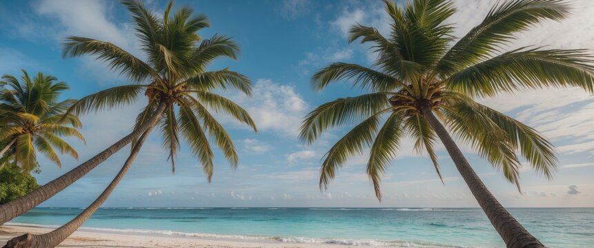 Tropical beach scene with palm trees framing a clear blue sky and calm ocean waves creating an idyllic coastal landscape