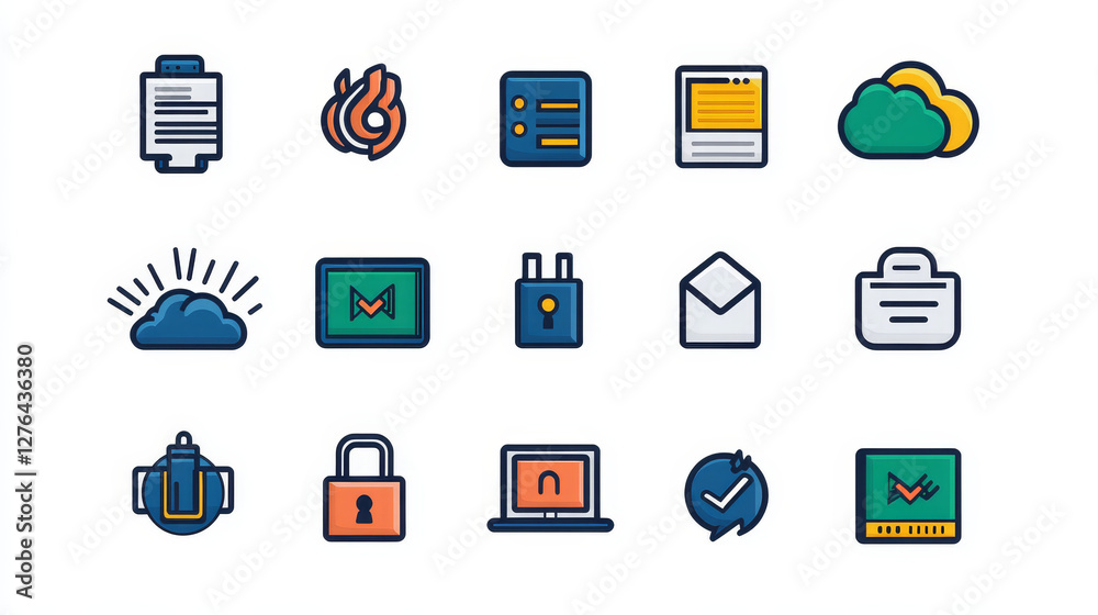 Poster thin lines connection icons outline set of big data center group cloud computing system internet pro