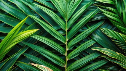 Green tropical palm leaves arranged flat creating a textured background with varying shades of green and patterns
