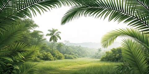 Tropical Paradise Lush Palm Frame, Tranquil Jungle Landscape, Digital Art, Nature Scene. Jungle, Rainforest