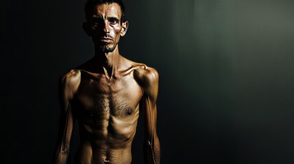 Anorexia Concept. Thin, Gaunt Man Showing Ribs. Dark Background.