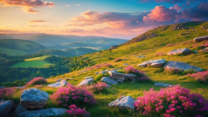 Fototapeta premium Vibrant landscape with rolling hills, blooming pink flowers and rocky outcrops under a colorful sunset sky in a natural setting