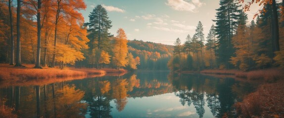 Fototapeta premium Autumn landscape with colorful trees reflecting in calm lake water under a blue sky with scattered clouds in a nature setting.