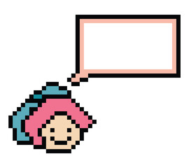 Obraz premium Cartoon pixel cute cartoon character face woman with chat blank decoration 8 bit female girl say speak discuss idea chat box cartoon pixel game 8bit png vector.