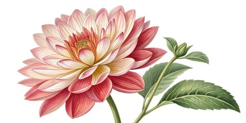 Obraz premium Watercolor Dahlia Botanical Illustration Red and Cream Flower, Detailed Petals, Stem and Leaves, Floral Art, Botanical Painting Dahlia, Watercolor Painting