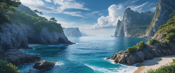 Obraz premium Coastal landscape with rocky cliffs, clear blue water, green vegetation under a partly cloudy sky. Scenic view of beach and ocean.