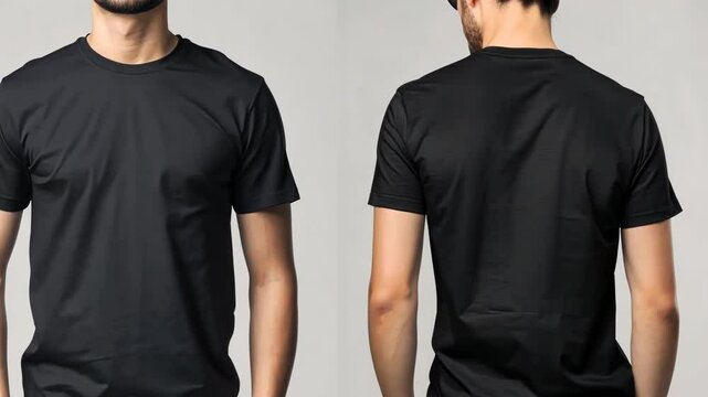 Front and back view of a black t-shirt on a model, captured at eye level. Ideal for showcasing apparel in a promotional video or catalog.
